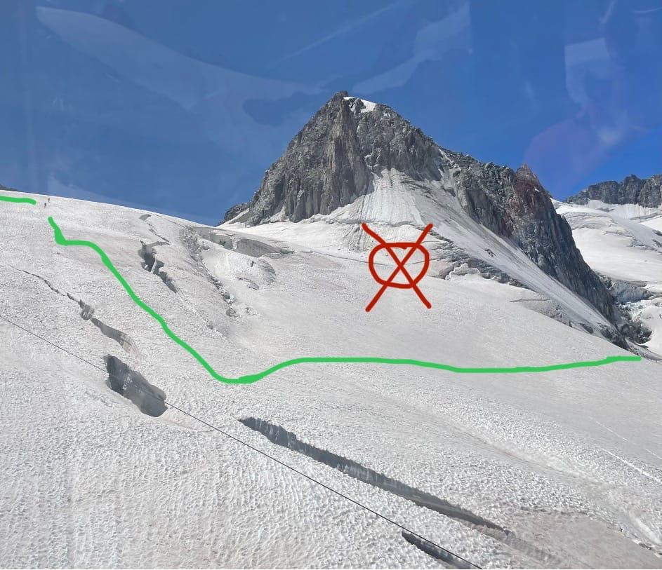 An annotated photo of the Vallée Blanche showing the new preferred route.